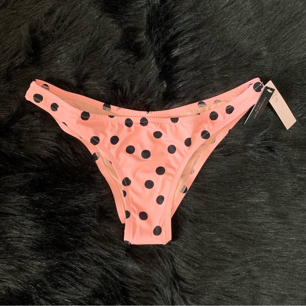 NTW Victoria’s Secret Swim Cheeky Bottoms Peach/Black Polka Dots Sz Large